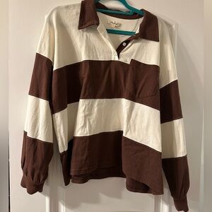 Brown and Cream Striped Long Sleeve Polo Shirt